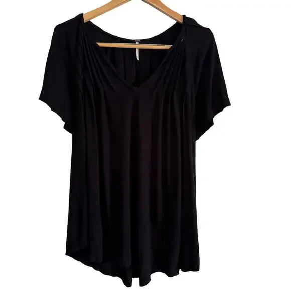 FREE PEOPLE | Black Linen Blend Swing T-shirt V Neck Pintuck Shoulders | Small - Picture 1 of 8